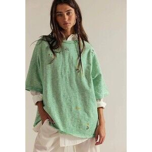 Free People We The Free Embroidered Camp Tee Tunic Top Oversized Stripe L 284402